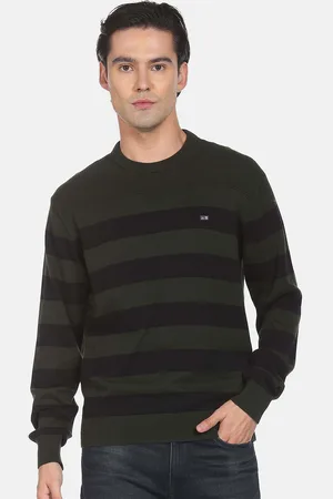 Arrow Men Olive Green & Black Striped Pure Cotton Pullover