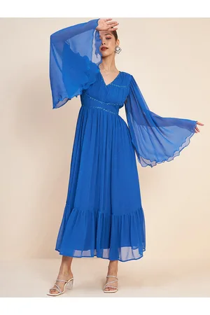 Antheaa Blue V-Neck Slit Sleeves Embellished Detail Maxi Dress