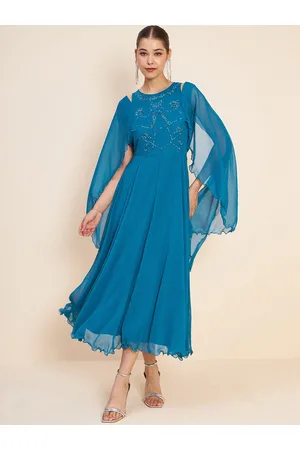 Antheaa Blue Slit Sleeves Embellished Detail Maxi Dress