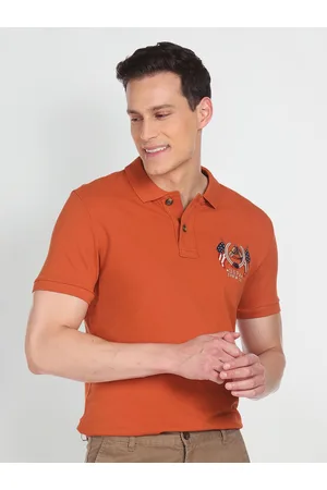 Ralph Lauren U S Polo Assn Denim Co Men Rust Pure Cotton Brand Logo Printed Polo Collar T-shirt