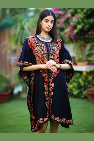 Sangria Floral Embroidered Kimono Sleeve Kaftan Longline Acrylic Kaftan Top