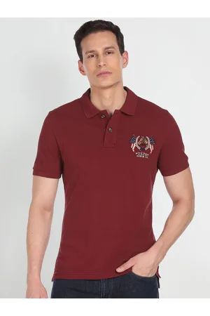 Ralph Lauren U S Polo Assn Denim Co Men Maroon Pure Cotton Brand Logo Printed Polo Collar T-shirt