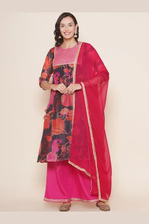 Bhama Couture Floral Printed Round Neck Thread Work Regular Kurta with Palazzos & Dupatta