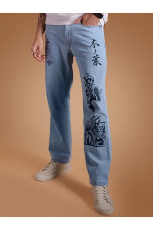 The Souled Store Men Blue Straight Fit Mildly Distressed Printed Stretchable Jeans