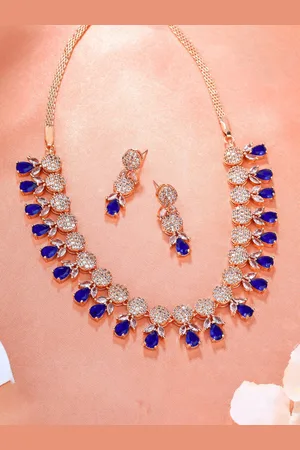 ESTELE Rose Gold Plated CZ Attractive Necklace Set with Blue Crystals for Women