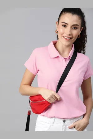 HERE&NOW Women Pink Solid Polo Collar T-shirt