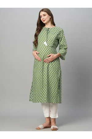 MomToBe Ethnic Motifs Printed Keyhole Neck Thread Work Maternity Kurta