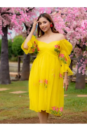 Ambraee Floral Printed Off-Shoulder Puff Sleeves Gathered Empire Dress
