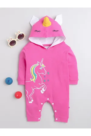 BUMZEE Infants Girls Printed Hooded Pure Cotton Romper
