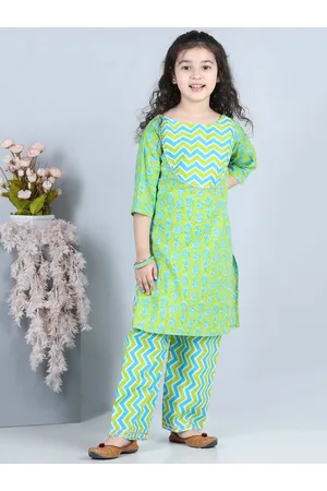 AJ DEZINES Girls Chevron Printed Regular Pure Cotton Kurta With Trousers