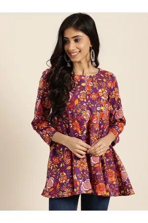Sangria Women Purple & Orange Pure Cotton Ethnic Motifs Print Pleated A-Line Top