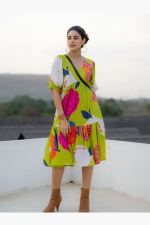 Ambraee Floral Printed V-Neck Puff Sleeves A-Line Dress