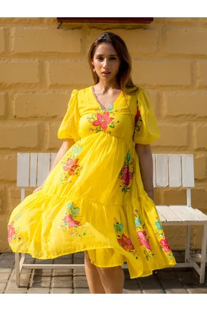 Ambraee Floral Printed V-Neck Puff Sleeves Gathered Tiered Cotton Empire Midi Dress