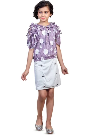 YK Girls Floral Printed Cold Soulder Ruffles Top with Skirt