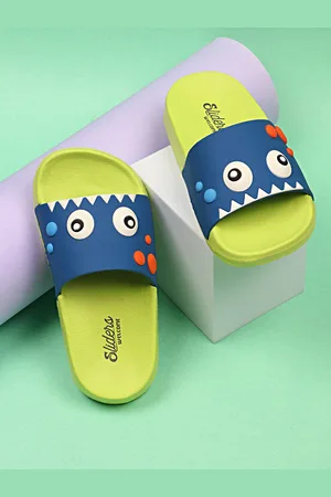 Welcome Boys Green & Blue Printed Sliders