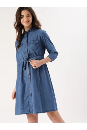 DressBerry Women Blue Solid Denim Shirt Dress