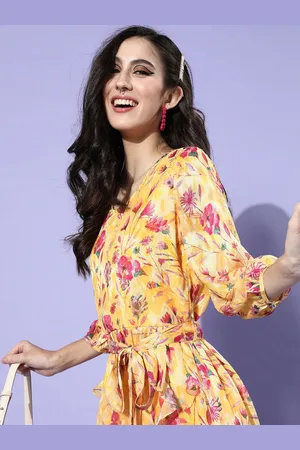 Globus Women Bright Yellow Floral Cinched Waist Dress