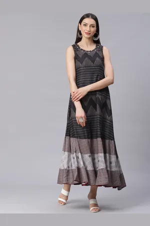 Chhabra 555 Women Black & Off-White Printed Made to Measure Panelled Maxi Dress