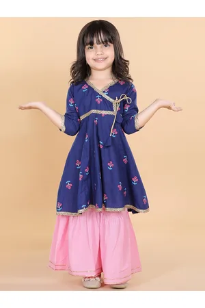 AJ DEZINES Girls Floral Printed Angrakha Pure Cotton Kurta With Sharara