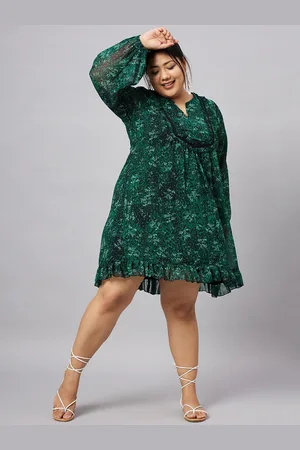 Antheaa Plus Size Floral Printed Lace Inserts Detail Chiffon A-Line Dress