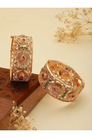 Saraf RS Jewellery Set Of Gold Plated Red & Green AD Studded Petal Motif Openable Bridal Bangles