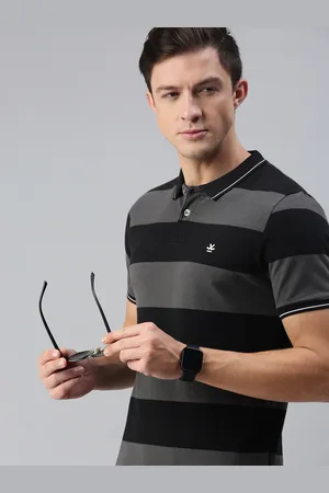 WROGN Men Charcoal Grey & Black Striped Slim Fit Cotton Polo Collar T-shirt