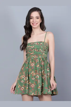 Mast & Harbour Green Floral Printed Fit & Flare Pure Cotton Mini Dress