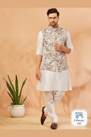 Armaan Ethnic Mandarin Collar Dupion Silk Kurta With Churidar & Nehru jacket