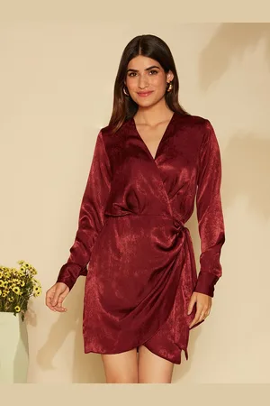 20Dresses Maroon V-Neck Cuffed Sleeves Satin A-Line Mini Dress