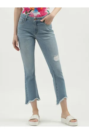 Benetton Women Bootcut Low Distress Light Fade Whiskers Cotton Jeans