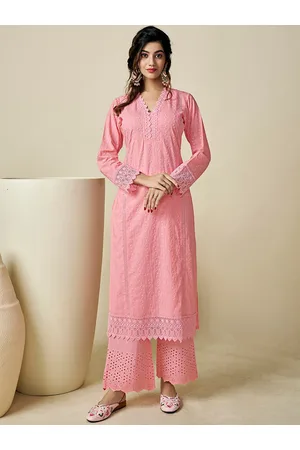Inddus Floral Embroidered V-Neck Chikankari Pure Cotton Kurta with Palazzos