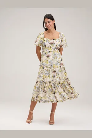 20Dresses Off White Floral Printed Square Neck Flared Sleeves Tiered A-Line Midi Dress