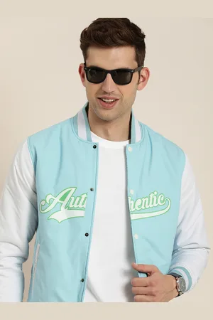 HERE&NOW Typography Printed Mandarin Collar Varsity Jacket