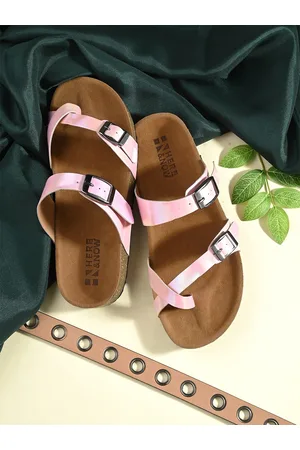 HERE&NOW Pink Buckled Cork Finish One Toe Flats