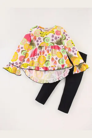 CrayonFlakes Girls Fruits Conversational Printed Top With Leggings
