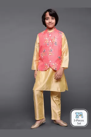 AKS Boys Regular Chanderi Silk Kurta & Pyjama With Floral Printed Nehru Jacket