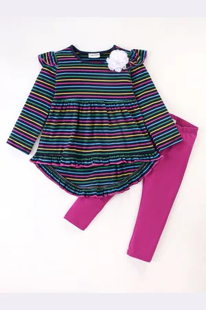 CrayonFlakes Girls Striped Pure Cotton Top With Leggings