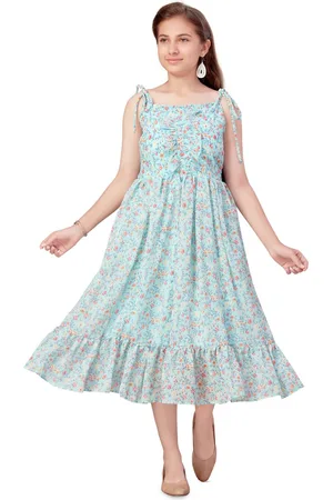 BAESD Girls Floral Printed Shoulder Strap Ruffles Georgette A-Line Midi Dress