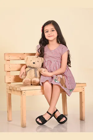 LilPicks Girls Striped Round Neck Gathered Cotton A-Line Dress