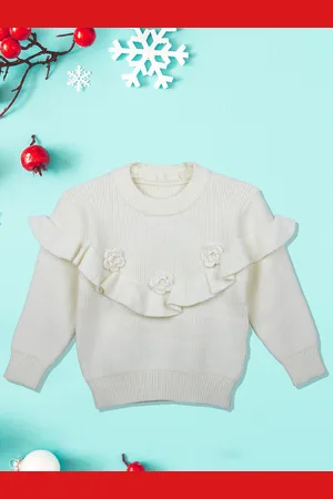 Baby Moo Girls Off White Ribbed Cotton Pullover with Applique Detail