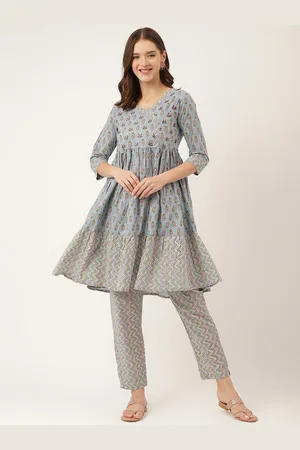 Divena World Floral Printed V-Neck Pure Cotton Anarkali Kurta with Trousers