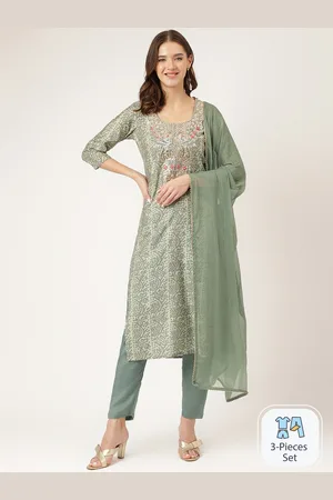 Divena World Floral Printed Thread Work Detail Straight Kurta & Trousers With Dupatta