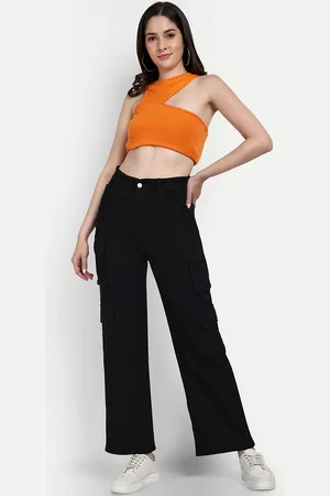 Broadstar Women Smart Wide Leg High Rise Clean Look Stretchable Cargo Jeans