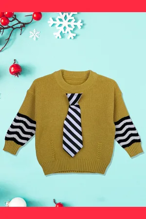 Baby Moo Unisex Kids Mustard & Black Cotton Pullover With 3D Neck Tie