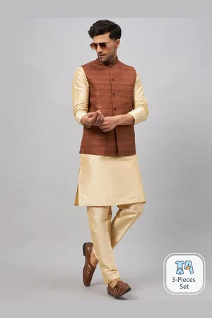Vastramay Men Band Collar Regular Kurta With Pyjamas & Nehru Jacket