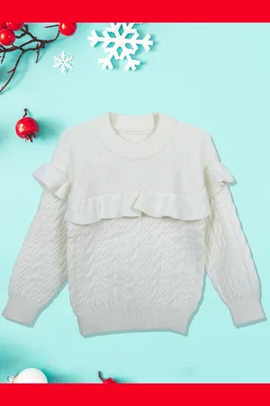 Baby Moo Girls White Cable Knit Cotton Pullover