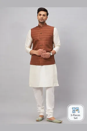 Vastramay Men Band Collar Regular Kurta With Churidar & Nehru Jacket