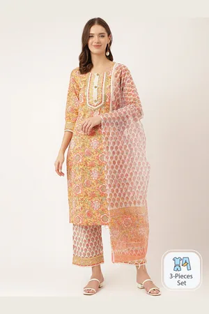 Divena World Floral Printed Pure Cotton Straight Kurta & Trousers With Dupatta