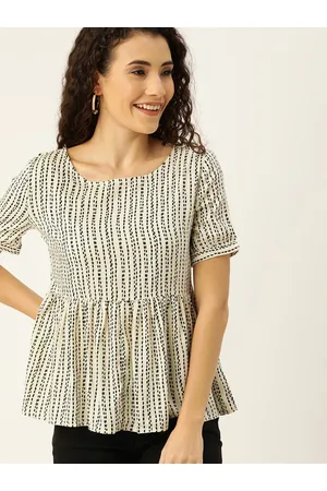 Campus Women Off-White & Black Printed A-Line Top with Gathered Detail