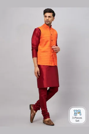 Vastramay Men Band Collar Regular Kurta With Churidar & Nehru Jacket
